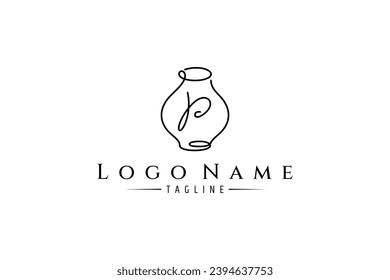 Pottery logo design with letter p in continuous line design style concept