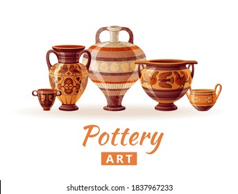 Pottery Logo. Vase Vector. Greek Pot, Jug, Amphora, Urn, Vase Set. Clay Ancient Ceramic Icons. Old Greek Art. Handmade Pottery Studio Design. Antique Grecian Art Vector Illustration