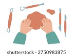 Pottery Making and Clay Crafting Set, Handmade Ceramic Workshop Clipart, Sculpting Tools and Hands Vector