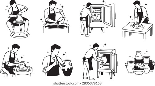 Pottery making process icons with ceramic artist shaping clay