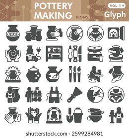 Pottery making symbols collection or sketches, pottery crafts theme bar in glyph style signs for web and app. Vector graphics isolated on white background