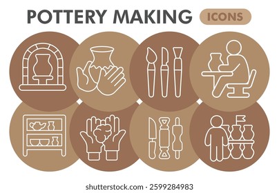 Pottery making symbols collection or sketches, pottery crafts theme bubbles in thin line style signs for web and app. Vector graphics isolated on white background