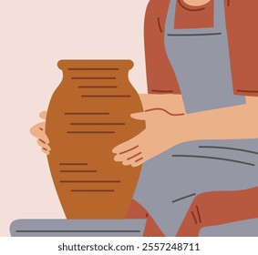 Pottery Making. Vector illustration of potter's hands forming a vase from clay on a potter's wheel. Character in apron close-up in a square frame. Flat cartoon style.