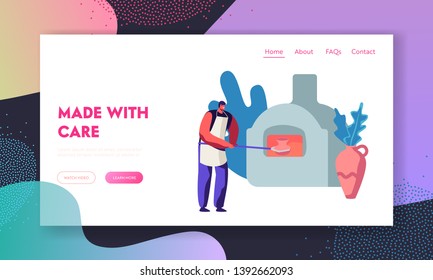 Pottery Manufacturing Website Landing Page. Male Character Pottery Master Put Fireclay Pot to Oven for Baking. Handcrafted Earthenware Creation Hobby Web Page. Cartoon Flat Vector Illustration, Banner