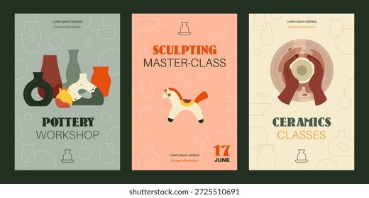 Aulas de mestres de cerâmica. Clay formação de escultura, criação de pratos, brinquedos e vasos, oficina de cerâmica, convites e design de saudação para aulas, vetor organizado estilo plano conceito isolado