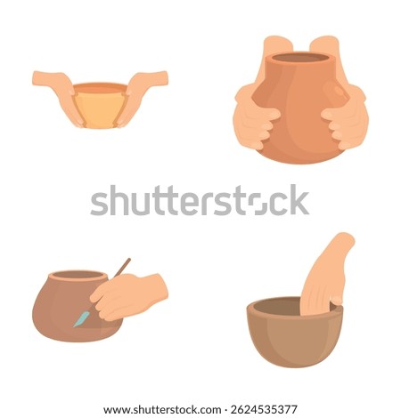 Pottery masterclass icons set cartoon vector. Creating clay vase on wheel. Hobby, pastime