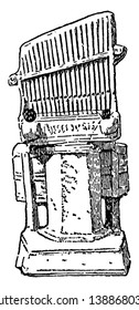 Pottery Model of the Water Organ is a type of automatic pipe organ blown by air, it has a pinned barrel that contains a specific song to be played, vintage line drawing or engraving illustration.