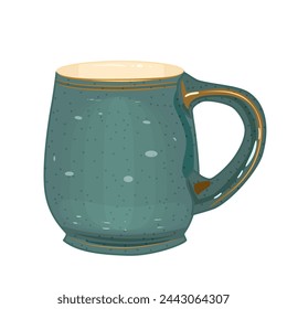 Pottery on white background. Ceramic mug. Clay old cup. Earthen tankard, glass or toby. Earthenware pipkin or cannikin. Fictile tableware. Rustic utensil.Vintage porcelain crockery.Vector illustration