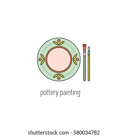 Pottery painting vector thin line icon. Handmade decorated ceramic plate. Isolated symbol. Logo template, element for business card or workshop announcement. Simple mono linear modern design.