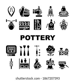 Pottery Production Collection Icons Set Vector. Pottery Finished Products And Clay Rolling Machine, Roasting Chamber And Screw Extruder Glyph Pictograms Black Illustrations