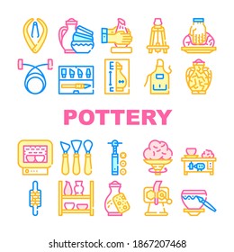 Pottery Production Collection Icons Set Vector. Pottery Finished Products And Clay Rolling Machine, Roasting Chamber And Screw Extruder Concept Linear Pictograms. Contour Illustrations