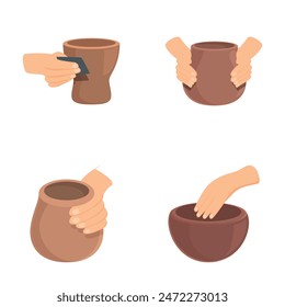Pottery production icons set cartoon vector. Creating clay vase on wheel. Pottery master class