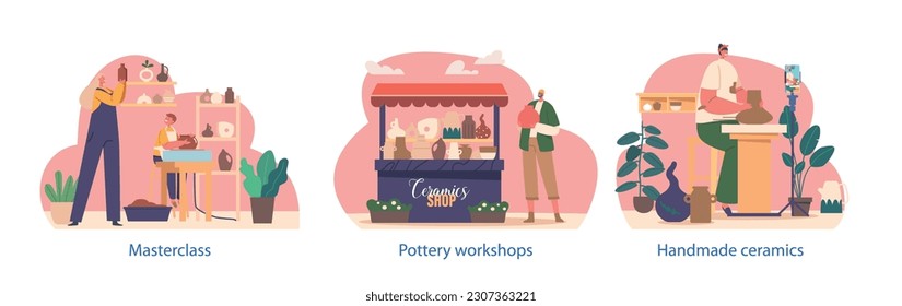 Pottery Production Workshop Isolated Elements. Skilled Artisan Character Create Handmade Ceramics, Vector Illustration