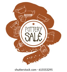 Pottery sale. Vector illustration,  set of cup on a spot background. Hand drawn, doodle, beautiful  contour.