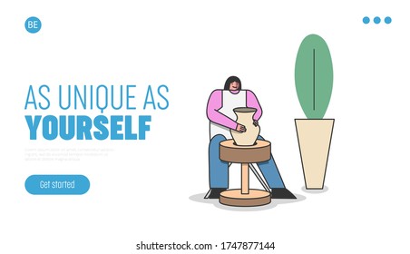 Pottery school landing page for website. Art, handmade and creativity concept. Ceramic workshop. Girl molding clay pot on wheel. Template flat vector illustration