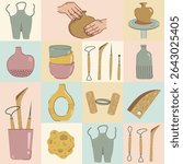 Pottery seamless vector pattern. Artist sculpts from clay. Sponge, apron, porcelain jug, crockery. Hands molding a ceramic vases. Tools for handcraft creation. Hobby background for print, fabric