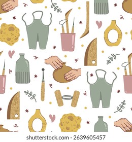 Pottery seamless vector pattern. Artist sculpts from clay. Craft tools, sponge, ceramic vases, apron. Hands form a jug, clay cutting wire. Instruments for homemade modeling, shaping. Hobby background