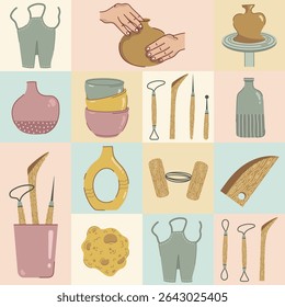 Pottery seamless vector pattern. Artist sculpts from clay. Sponge, apron, porcelain jug, crockery. Hands molding a ceramic vases. Tools for handcraft creation. Hobby background for print, fabric