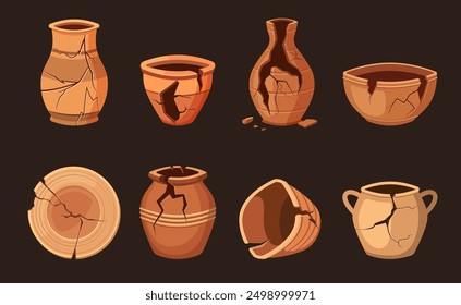 pottery set. cartoon old ancient antique pots, vases plates urns, ceramic earthenware. vector cartoon flat objects collection.