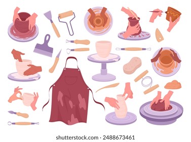 Pottery set. Crockery, ceramics studio tools, pottery wheel, knife and apron, potter hands making ceramics flat vector illustration collection. Clay crafting workshop concept