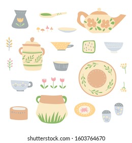 Pottery set with  hand-made floral ornament. 