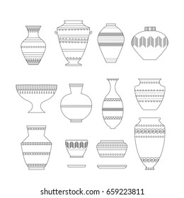 Pottery set. Stock vector illustration of classic pot and bowl. Handmade decorated ceramic vase and jar. Think line icon isolated on white background.