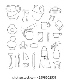 Pottery. Set of pottery and tools. Illustration without color. Doodle style. Line art. Vector