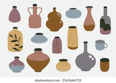 Pottery set. Various ceramic Vases. Boho minimalist style home decoration. Different ыhapes hand drawn earthenware bowls, mugs and jugs.  Flat vector illustration isolated on white. Handcraft concept