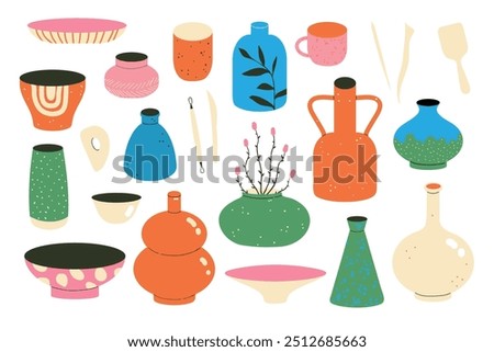 Pottery set. Vases, plates and tools for sculpting pottery. Equipment for ceramic clay. Home decoration. Handmade, DIY, hobby, handcraft workshop. Flat style vector illustration isolated on white
