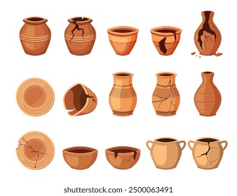 pottery set. vases plates urns, ceramic earthenware, cartoon old ancient antique pots. vector cartoon flat objects collection.