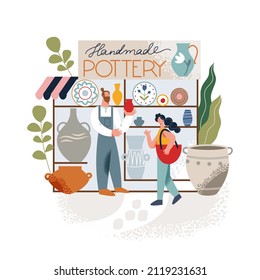 Pottery shop facade, small business with owner entrepreneur vector illustration. Cartoon happy man potter selling vase and bowl to woman customer, standing near shelves with ceramics in local store