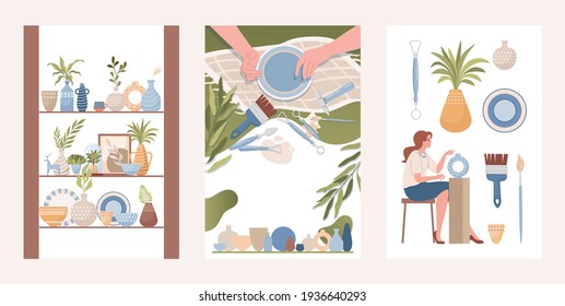 Pottery shop, handmade clay utensil vector flat illustration. Vases, pots with plants, plates and mugs on wooden shelf, woman crafting modern vase, hands making pot. Tools for tableware creation.