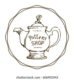 Pottery shop - the inscription on the teapot. Vector illustration, isolated. Hand drawn kettle, contour silhouette.