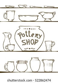 Pottery shop. Set of ceramic ware, pot, cups, jars, spoons, plates. Display of pottery, lay on shelf. Vector illustration, isolated.