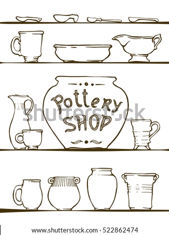 Pottery shop. Set of ceramic ware, pot, cups, jars, spoons, plates. Display of pottery, lay on shelf. Vector illustration, isolated.