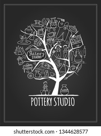 Pottery studio banner, art tree for your design