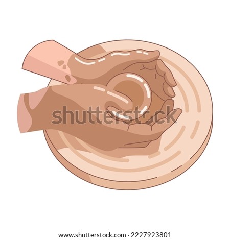 Pottery studio banner with hands making ceramic clay vase. Vector flat illustration. Working with clay on pottery wheel. Design for ceramic school and studio. Clay pots handicraft business