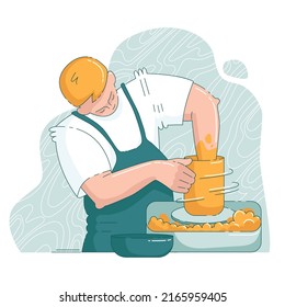 Pottery studio banner with man making ceramic clay vase. Vector flat illustration. Working with clay on electric pottery wheel. Design for ceramic school and studio. Clay pots handicraft business 