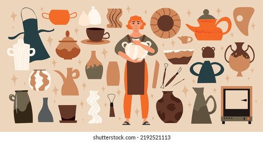 Pottery studio big set with traditional workshop symbols flat isolated vector illustration