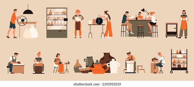 Pottery studio color set with workshop and hobby symbols flat isolated vector illustration