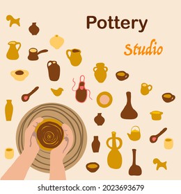 Pottery studio concept. Pottery workshop set. Collection of hand drawn sketches templates patterns of craftsman artist making pot at special wheel. Creative occupation production handmade ceramics 