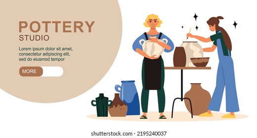 Pottery studio horizontal banner with workshop symbols flat vector illustration