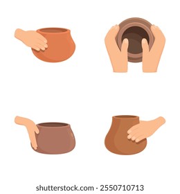 Pottery studio icons set cartoon vector. Creating clay vase on wheel. Pottery master class