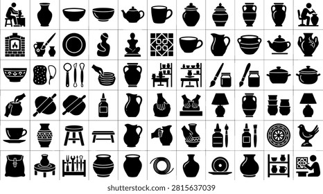 Pottery studio icons set featuring ceramic vases, clay workshop tools, throwing wheels, handmade porcelain bowls, and traditional handicraft silhouettes.