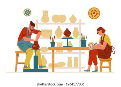 Pottery Studio Interior With Ceramics And People Working. Man Making Clay Pot, Woman Painting A Dish. Vector Illustration.