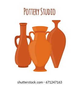 Pottery studio label, logo with vases, jars, amphoras. Ceramic, clay. Made in cartoon flat style. Vector illustration