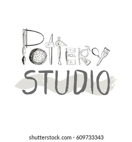 Pottery studio, lettering design, tools. Hand drawn, doodling elements. Vector illustration, isolated.