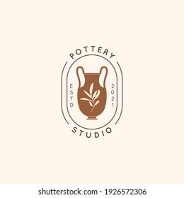 Pottery Studio Logo in a Trendy Minimal Style. Vector Icon of a Greek Vase with an Olive Branch