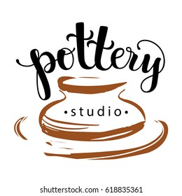 Pottery studio logo, vector illustration used modern lettering and drawing
