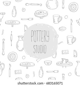 Pottery studio - set of vector ceramic elements. Illustration in sketch style on white background with letting on a gray circle